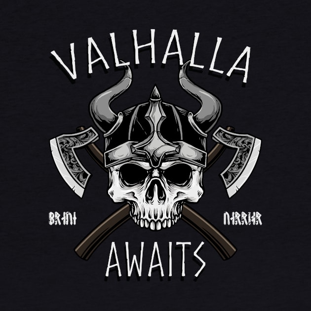 Valhalla Awaits Viking Skull by Foxxy Merch